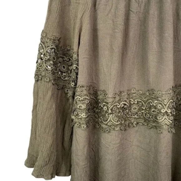 UMGEE OLIVE GREEN OFF THE SHOULDER FLOWY BLOUSE W/CROCHET ACCENTS MEDIUM-EUC - Picture 4 of 5